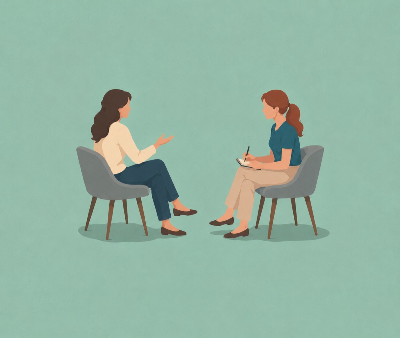 Two people in conversation, one taking notes
